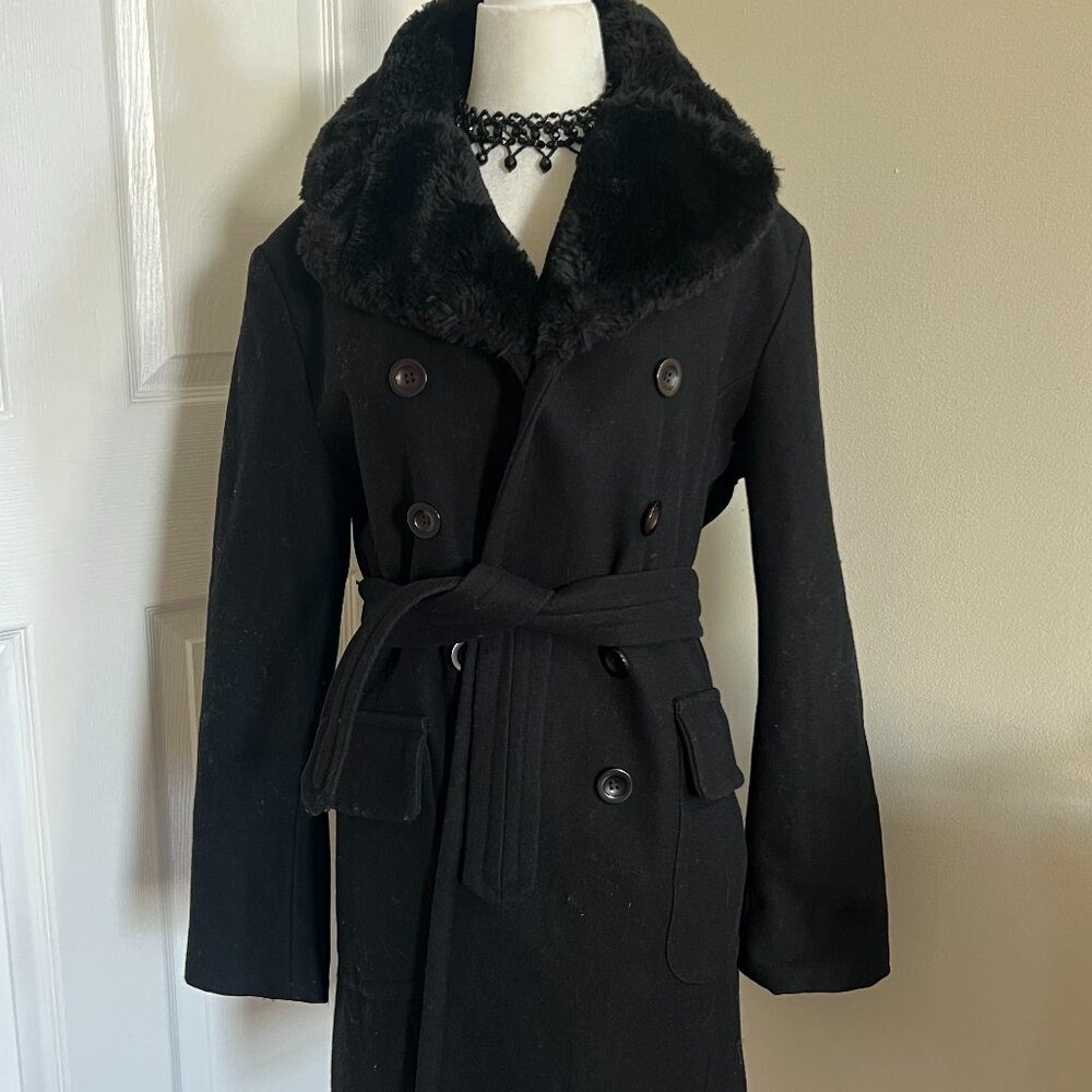 KOOKAÏ Women's Black Wool Fur Collar Coat